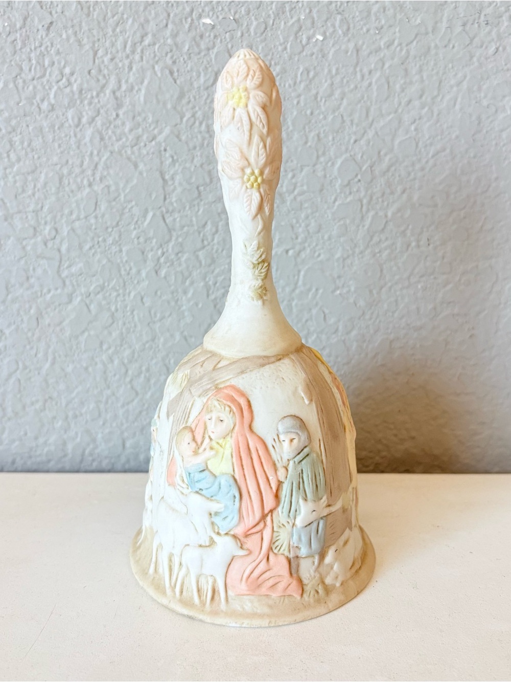 Lefton Pastel Nativity Decorative Bell in White, Pink, Blue